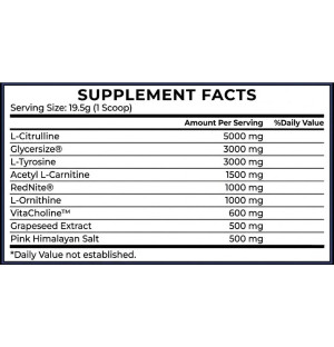 Mega Pump Elite Conteh Sports composition and supplement facts – citrulline, tyrosine, glycerine, RedNite, pink Himalayan salt