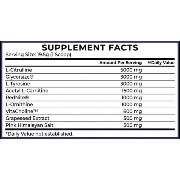 Mega Pump Elite Conteh Sports composition and supplement facts – citrulline, tyrosine, glycerine, RedNite, pink Himalayan salt