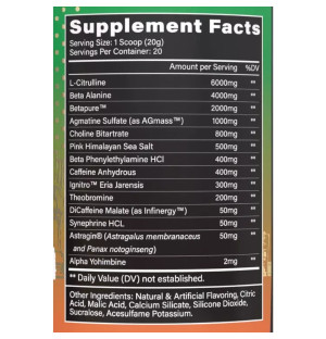 Supplement Facts Kilo Labs Stim Thugga – citrulline, beta-alanine, caffeine, agmatine, synephrine, Eria Jarensis