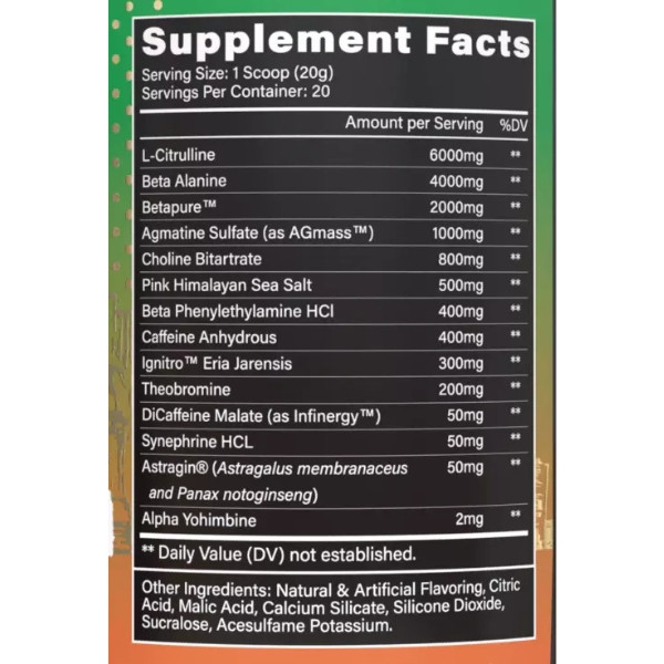 Supplement Facts Kilo Labs Stim Thugga – citrulline, beta-alanine, caffeine, agmatine, synephrine, Eria Jarensis