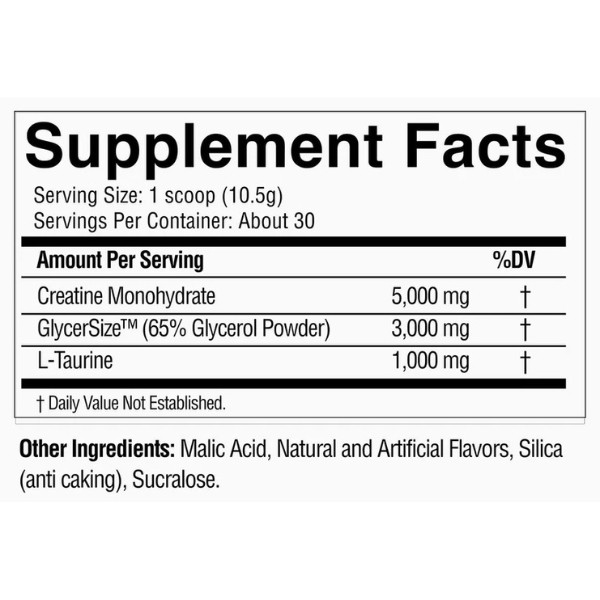 Condemned Labz Locked Down Supplement Facts – creatine 5000 mg, GlycerSize 3000 mg, taurine 1000 mg, serving size 10.5 g
