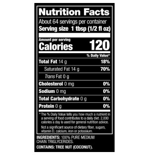 Mutant MCT Oil – nutritional value table, 120 kcal per serving, 14 g of MCT fat, 64 servings per package