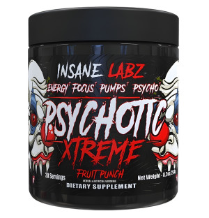 Insane Labz Psychotic Xtreme Fruit Punch – a powerful pre-workout supplement (30 servings), providing energy, focus and a pump