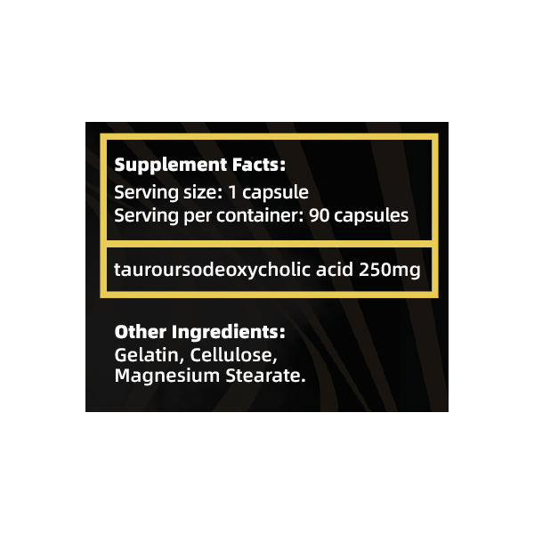 Skład suplementu 250 mg kwasu tauroursodeoksycholowego.