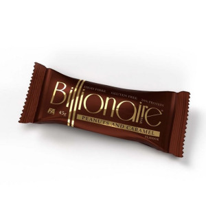 BILLIONAIRE BAR. Protein bar flavoured with caramel and peanuts. Contains sugar and sweetener.