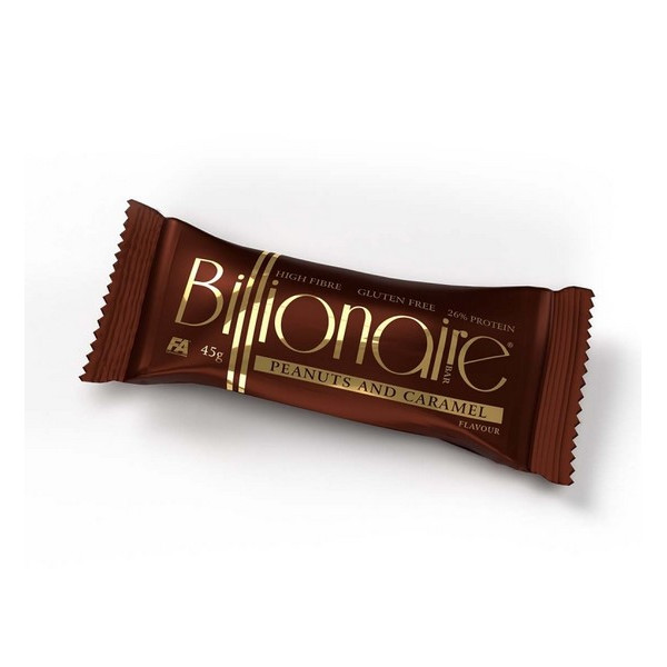 BILLIONAIRE BAR. Protein bar flavoured with caramel and peanuts. Contains sugar and sweetener.