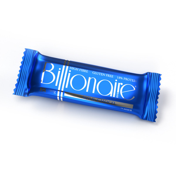 BILLIONAIRE BAR Protein bar flavored with milk chocolate and expanded rice. Contains sweeteners